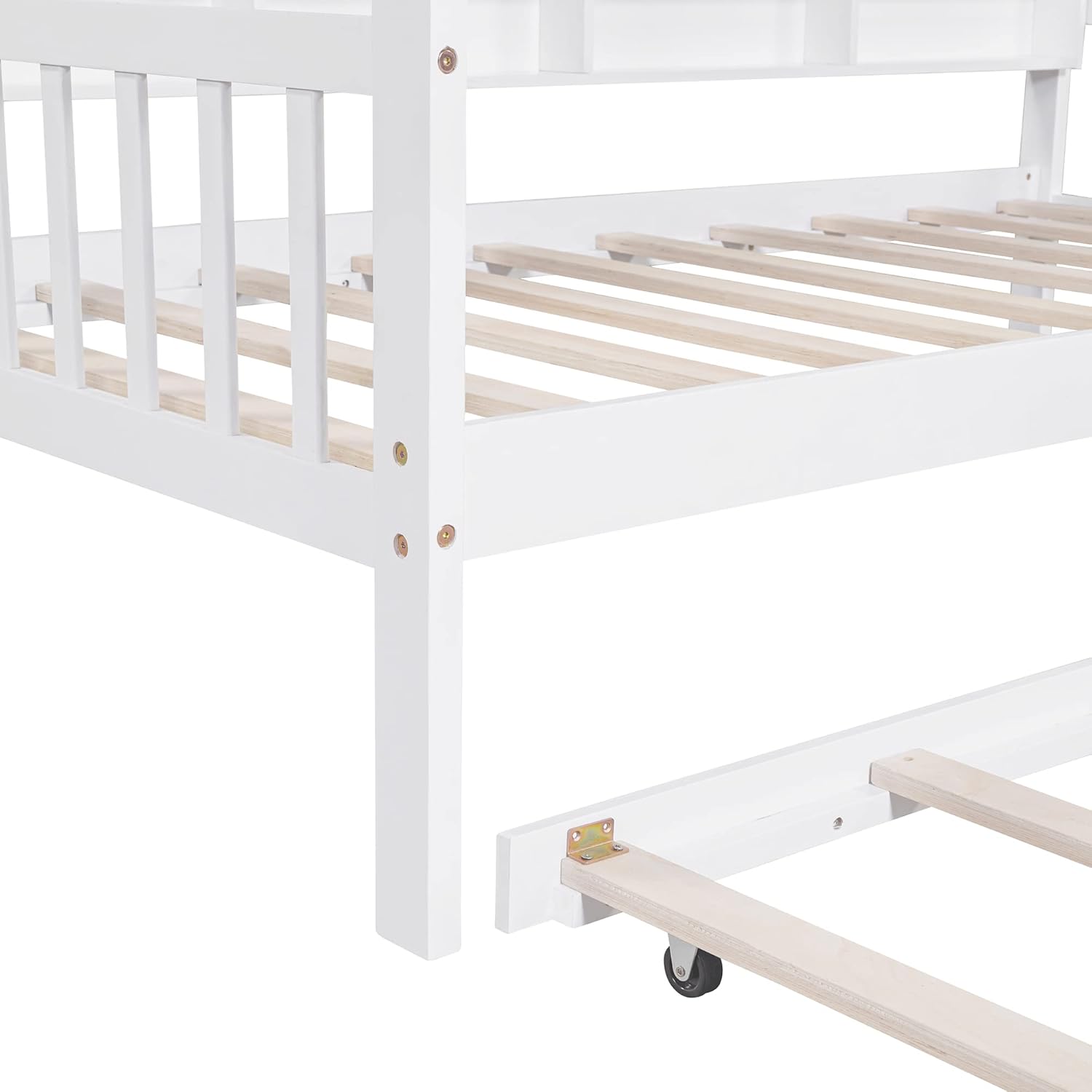 White Twin Size Wooden Platform Bed with Trundle and Storage Shelf E97842