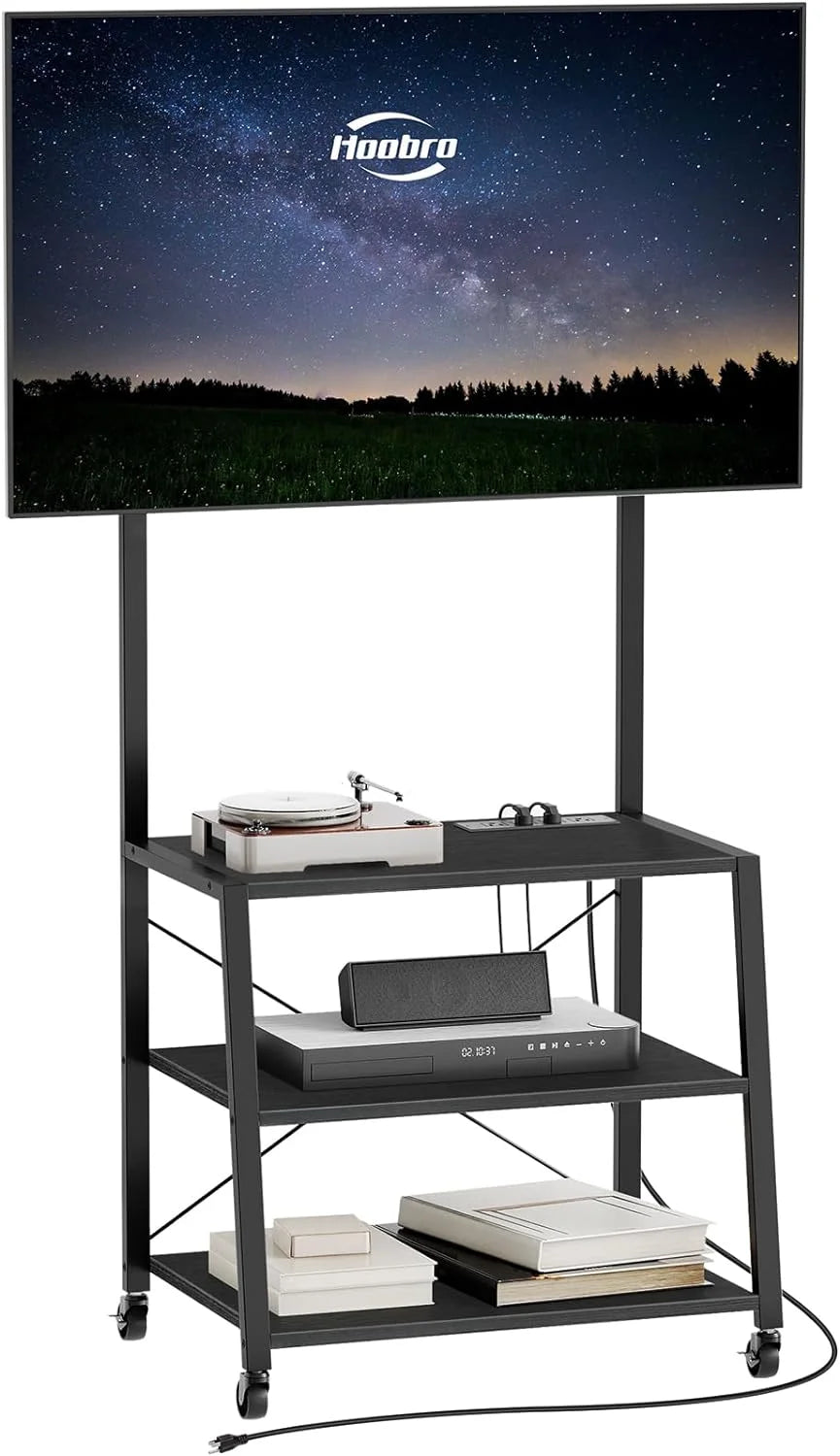 Black Rolling TV Stand with Mount and Power Outlet for 55 inch TVs J275226
