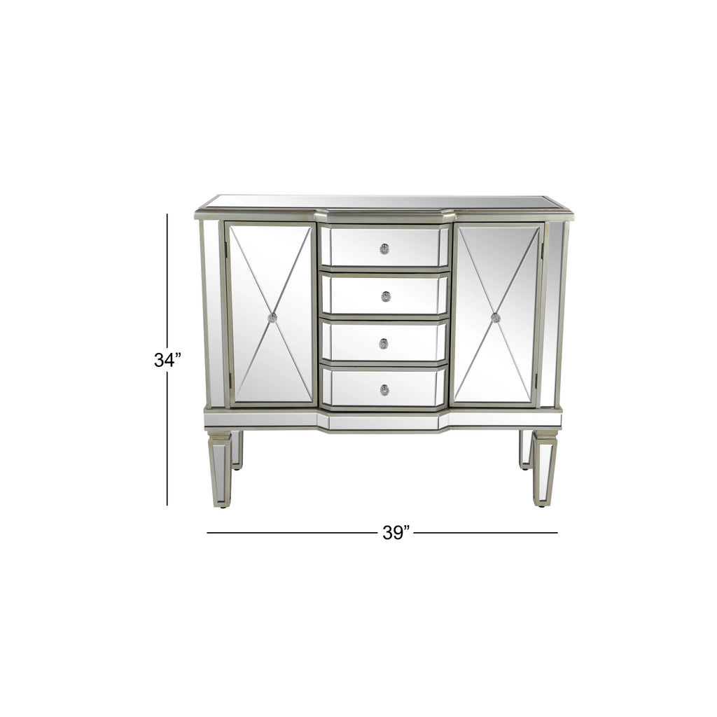Silver Wood Mirrored Panel 4 Drawers 2 Shelves 2 Doors Buffet T48421