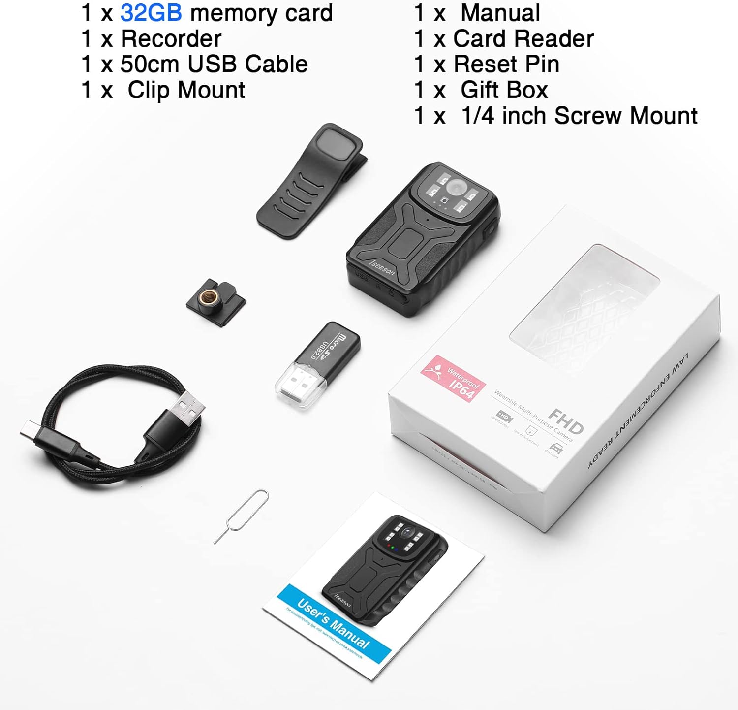 32G Memory Body Worn Camera with Night Vision, Pack of 2 P48083