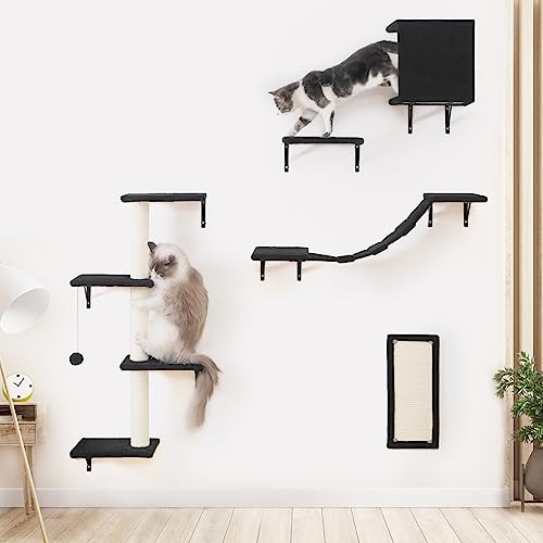 5pcs Wooden Cat Wall Shelves with House, Bridge, Tree, Steps, and Scratcher (Black) K987