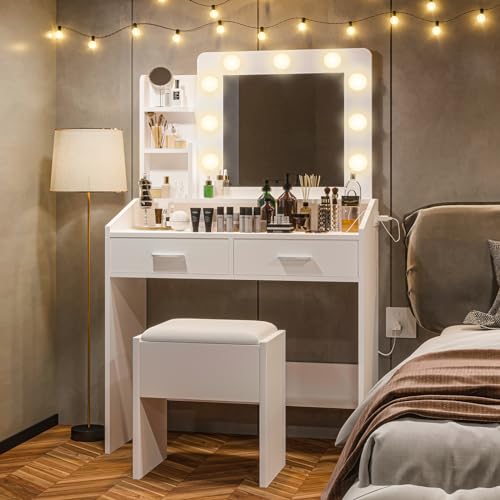 Black Vanity Desk with Mirror and Lights, 2 Drawers, Cushioned Stool P3689