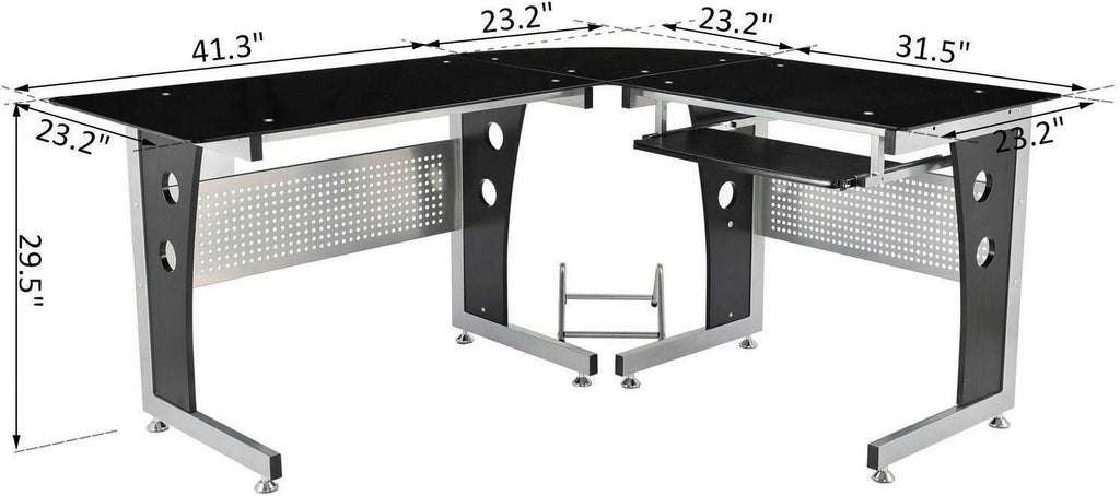 Black L-Shape Corner Tempered Glass Top Computer Desk with Keyboard Tray W377