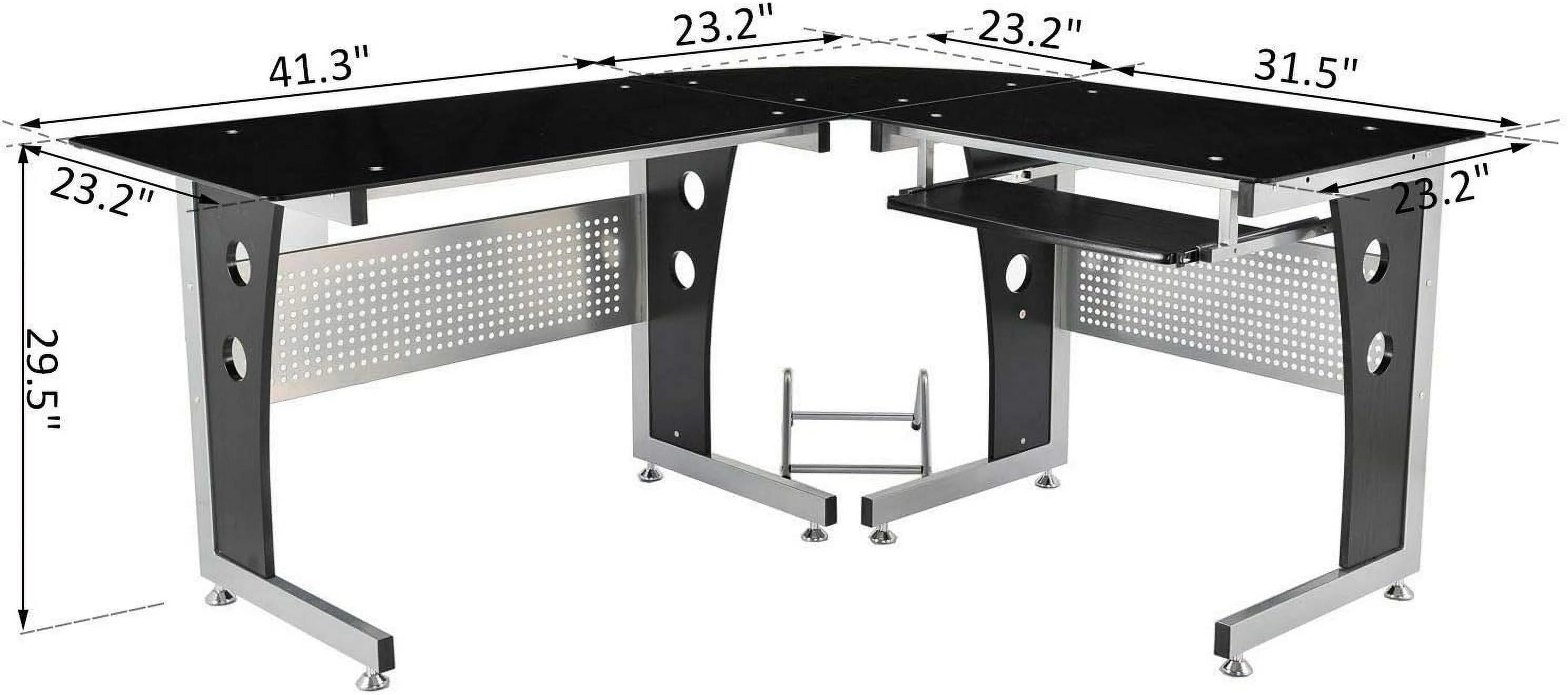 Black L-Shape Corner Tempered Glass Top Computer Desk with Keyboard Tray W377