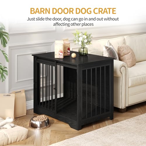 Rustic Brown Wooden Dog Crate Furniture with Barn Door C57333