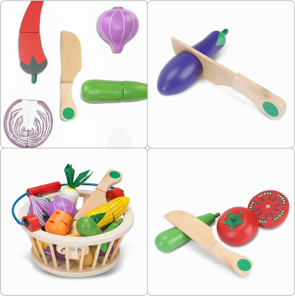 Magnetic Wooden Cutting Food Play Toy Set with Basket R501771