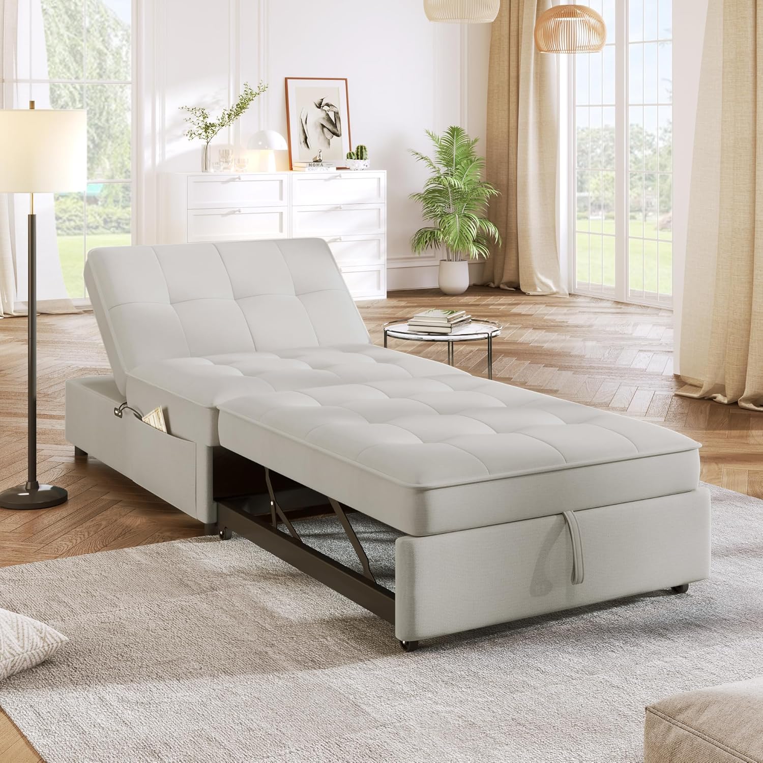 White 4-in-1 Folding Ottoman Bed with Storage Pocket and USB Port P71422