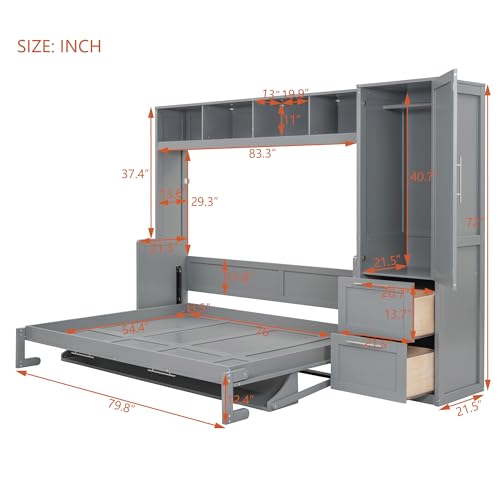 Gray Queen Size Murphy Bed with Desk Wardrobe Storage Shelf J158