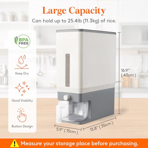 Rice Dispenser 25 Lbs (11.3kg) Sealed Moisture Proof with Measuring Cup BPA-Free D2697