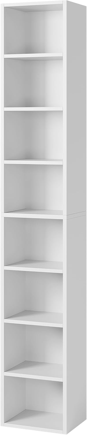 White 8-Tier Narrow Bookshelf with Adjustable Shelves O7424