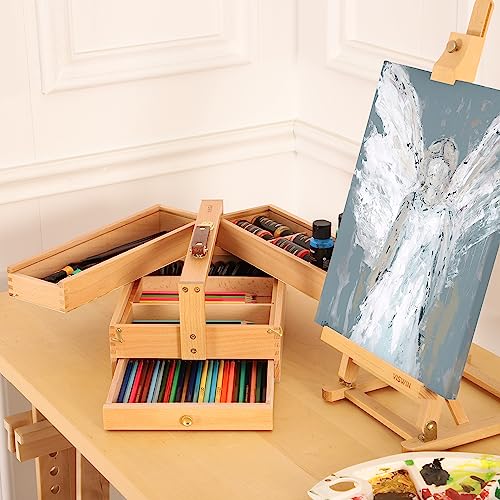 Solid Beech Wooden Artist Storage Box with Drawer, Three Layers, 13 1/2" x 9 1/2" x 5" X4828