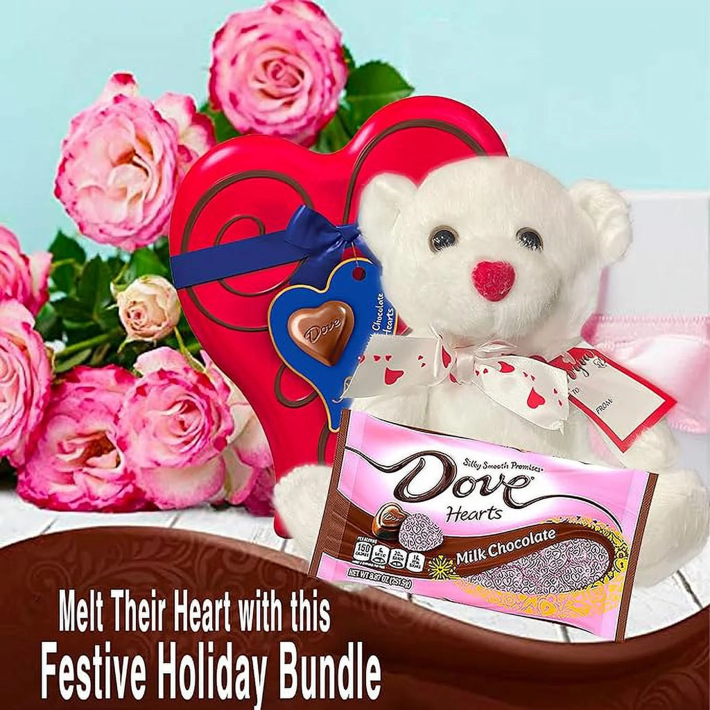 Milk Chocolate Candy Heart Tin, Milk Chocolate Bag and White Teddy Bear M11563