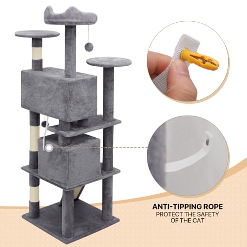 60 Inch Smoky Grey Cat Tree with 2 Cat Condo and Scratching Post S215