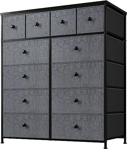 12 Drawer Fabric Dresser with Metal Frame, Wood Top, Light Grey Q1816