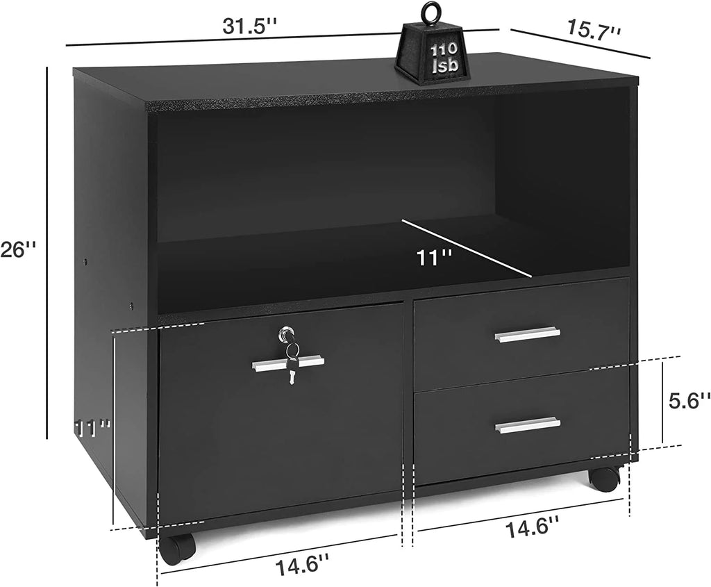 Black Wood 3 Drawer Mobile Lateral Filing Cabinet with Lock V987853