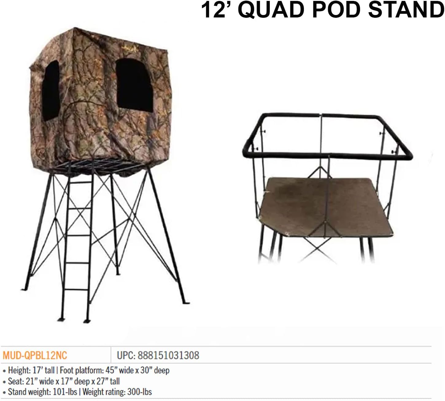 12' Quad Pod Steel Hunting Outdoor Platform with 360-degree Padded Shooting Rail F367