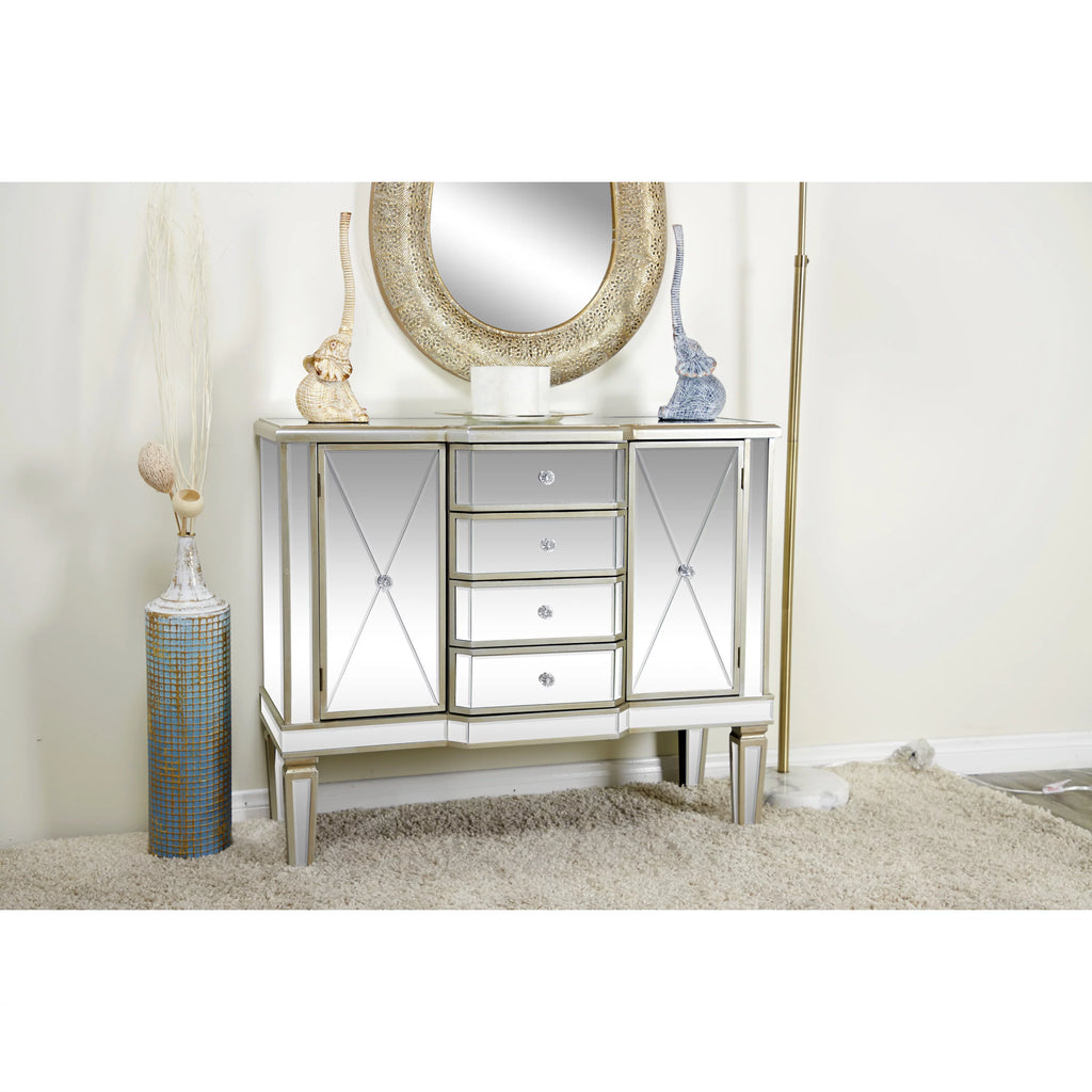 Silver Wood Mirrored Panel 4 Drawers 2 Shelves 2 Doors Buffet T48421