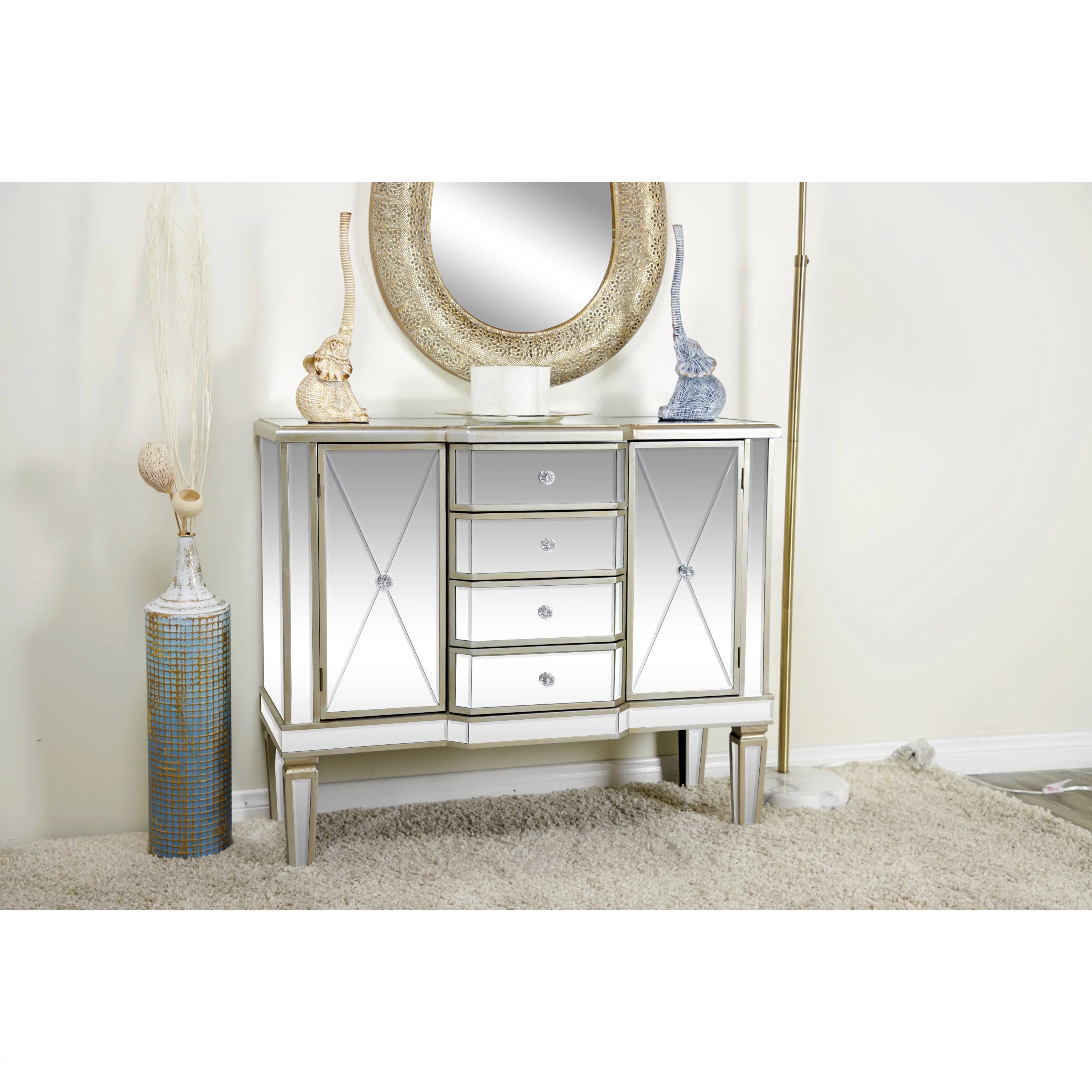 Silver Wood Mirrored Panel 4 Drawers 2 Shelves 2 Doors Buffet T48421