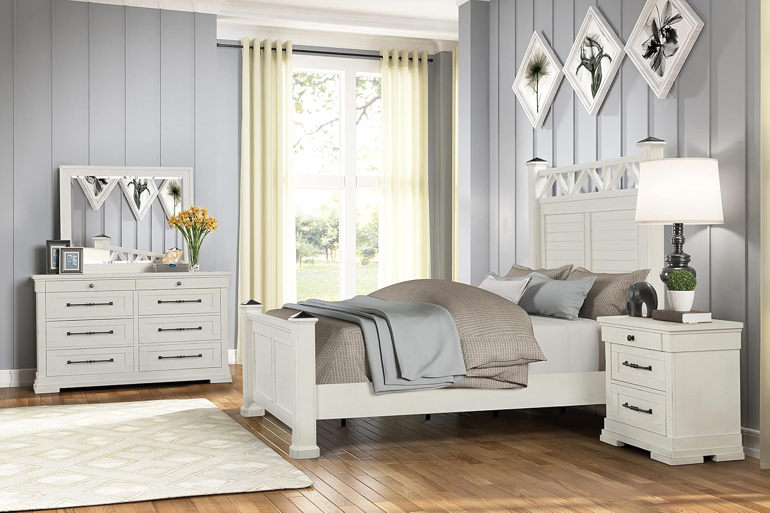 Antique White Queen Wood Panel Bed with Dresser, Mirror and Nightstand K3819