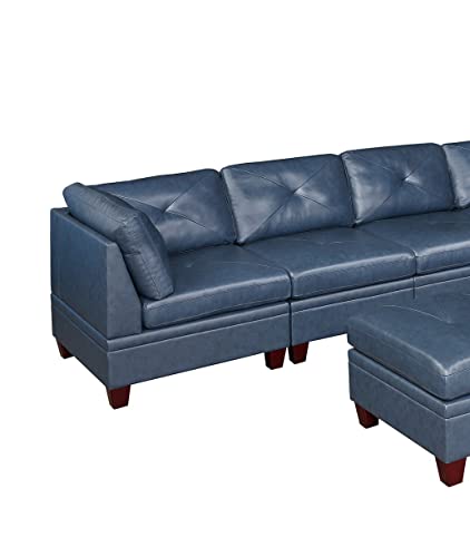 Ink Blue Genuine Leather Sectional Sofa Set, 6-Piece, Tufted Back, Wood Legs, 132 x 102 x 35 Inches J320