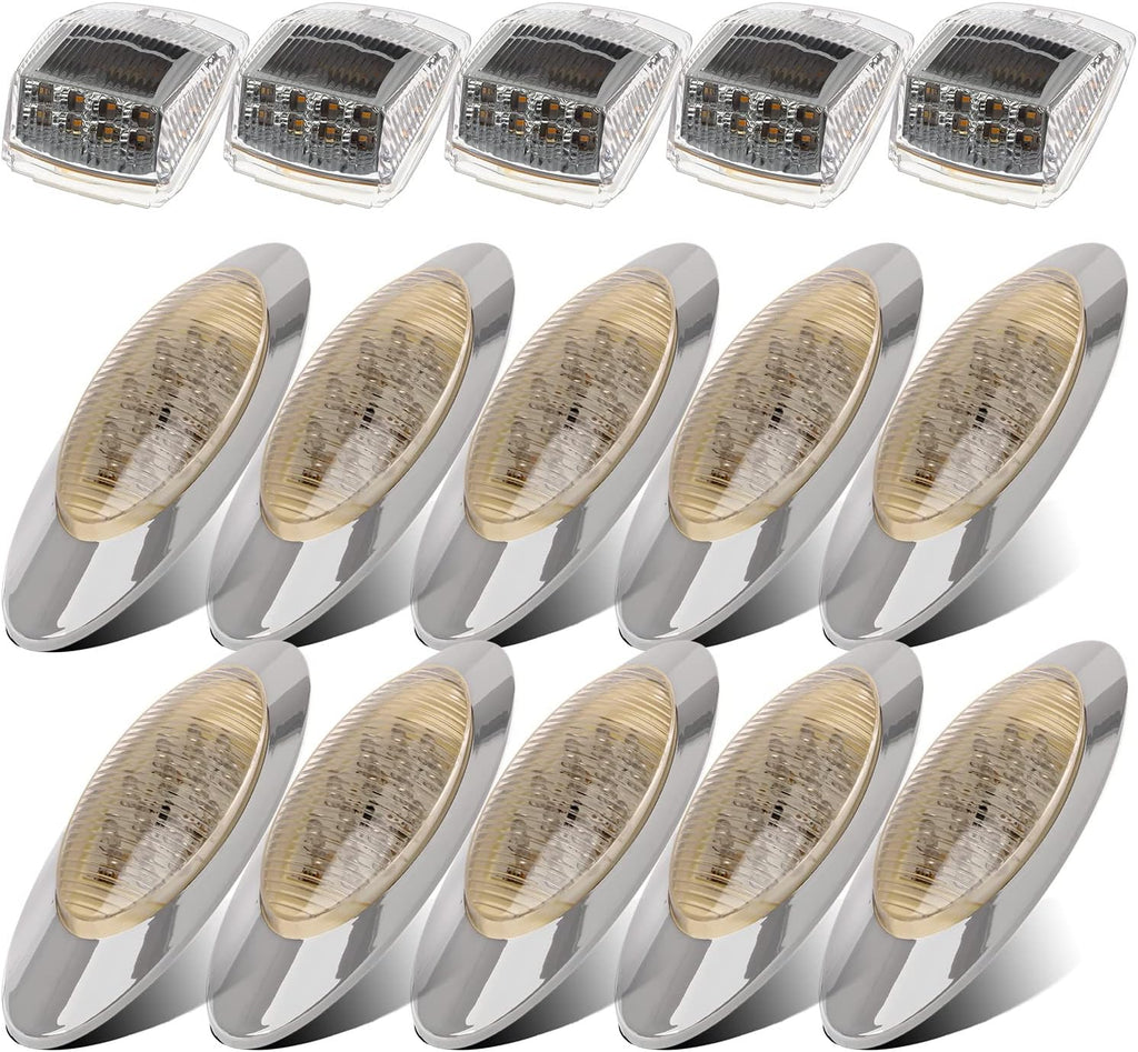 10x 6.5" LED Marker Light 16LED Clear/Amber Chrome & 5pcs 17 LED Clear Lens 53.75" Amber Cab Marker Roof Running Truck Cab Light Z9065