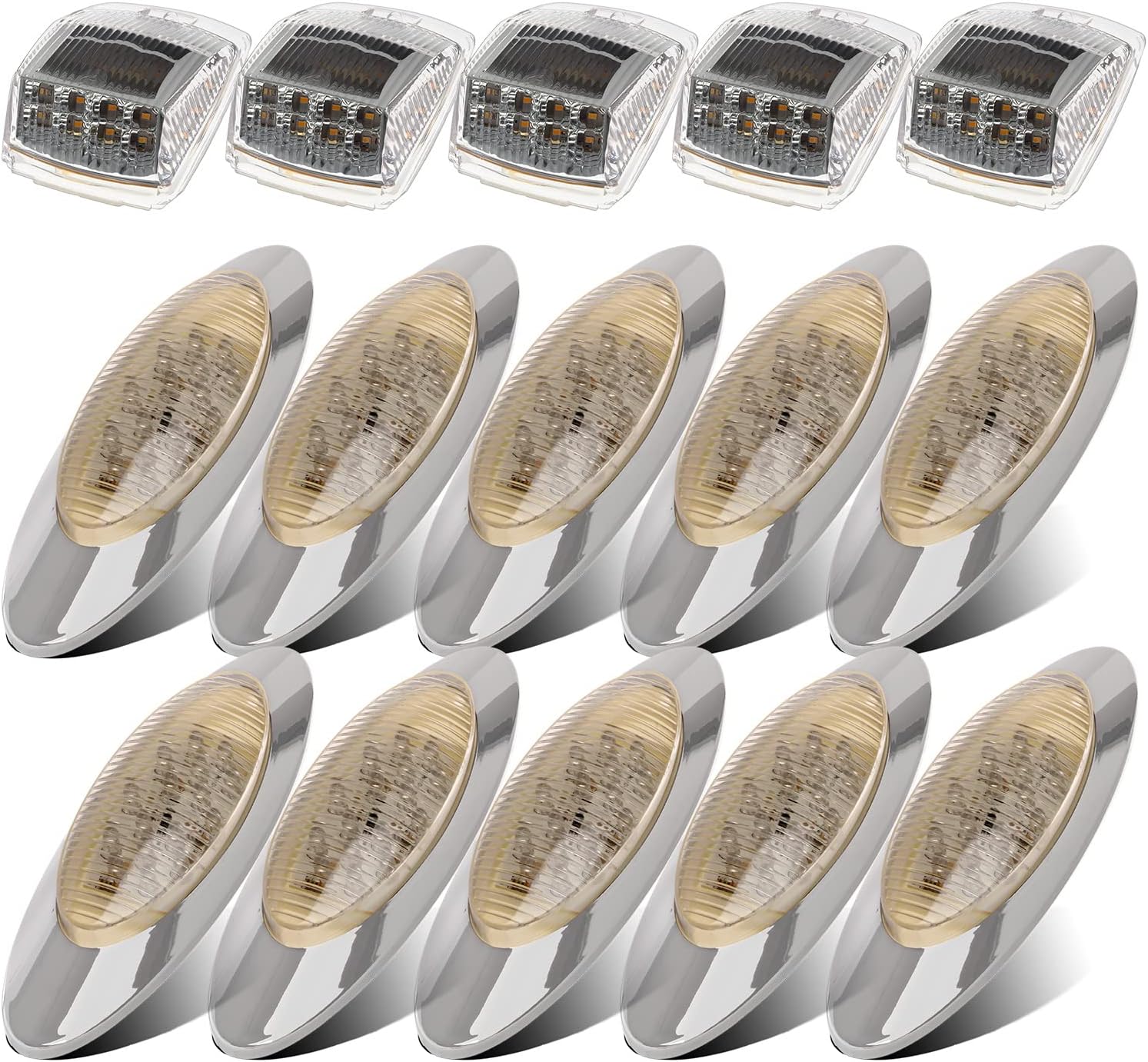 10x 6.5" LED Marker Light 16LED Clear/Amber Chrome & 5pcs 17 LED Clear Lens 53.75" Amber Cab Marker Roof Running Truck Cab Light Z9065