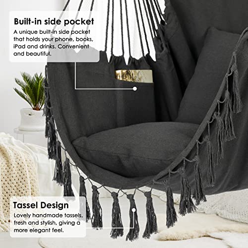 Large Macrame Hanging Hammock Chair with 2 Cushions, Max 500 Lbs V4661