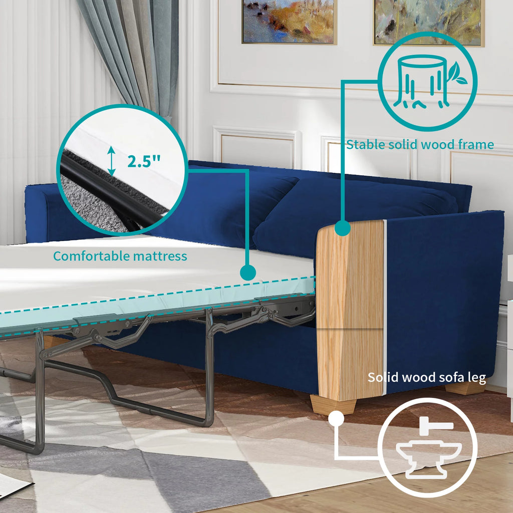 Blue Velvet Pull Out Sofa Bed with Foam Mattress W34503