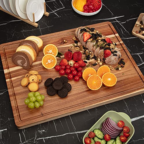 24x18 Inch Acacia Wood Cutting Board with Handle and Juice Groove T1675