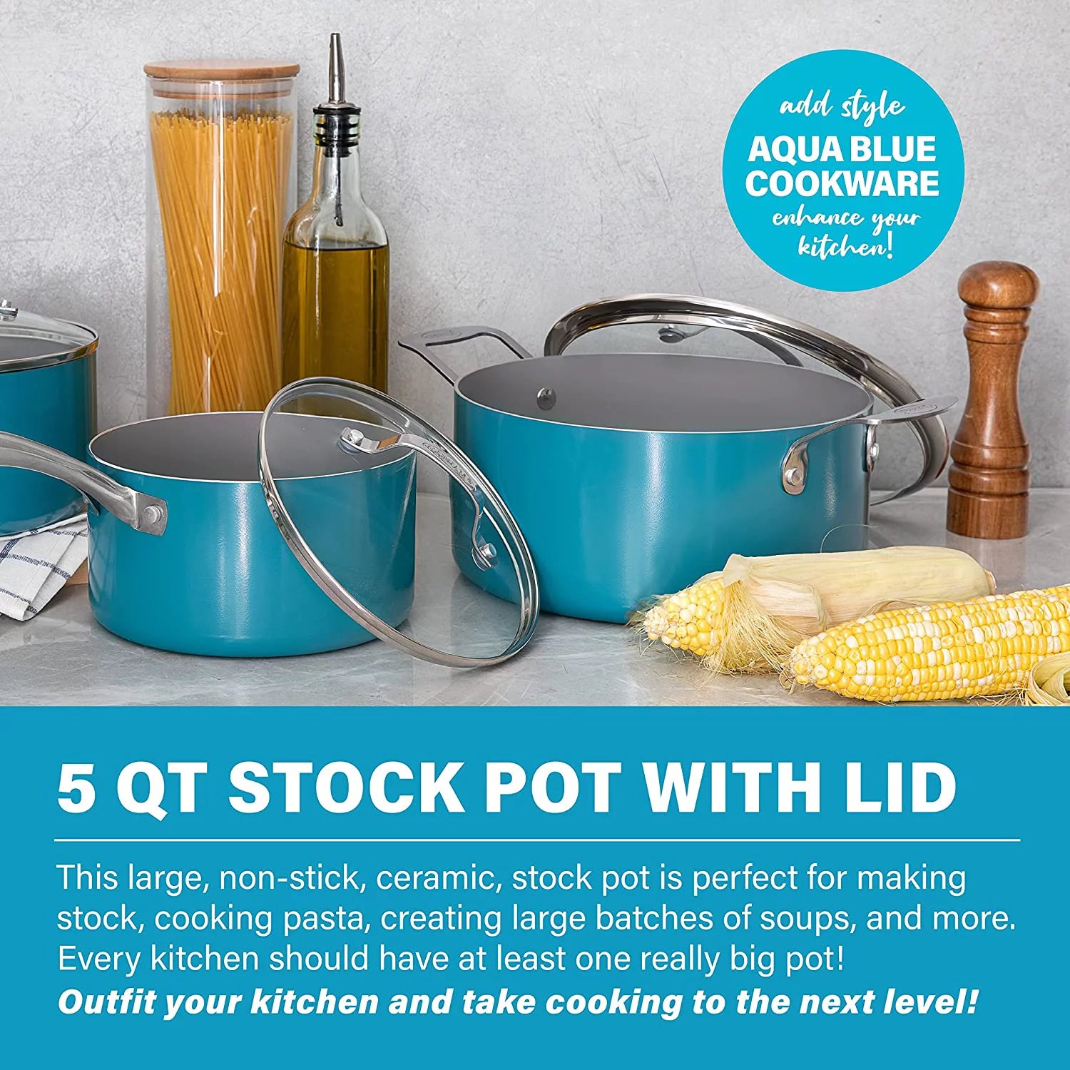 Aqua Blue Nonstick 5 Quart Stock Pot with Glass Lid T681