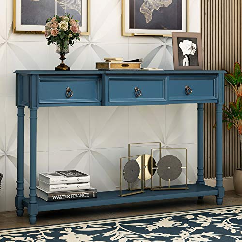 Antique Navy Narrow Console Sofa Table with Drawers and Long Shelf N19713