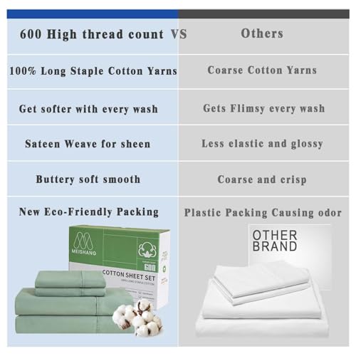 Queen Size 100% Cotton 600 Thread Count Sateen Bed Sheets 4 Pieces Set Sage Green W630597