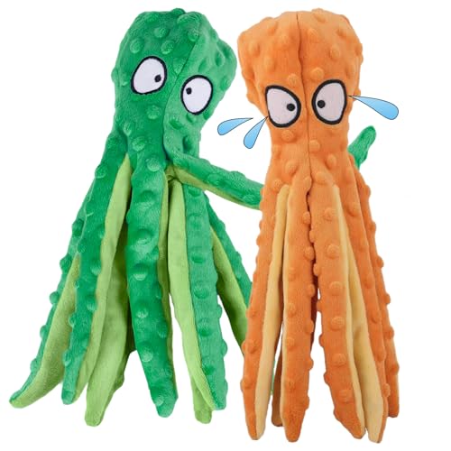2 Pack Squeaky Octopus Plush Dog Toys No Stuffing Crinkle Pet Toys (Green + Orange) P590633