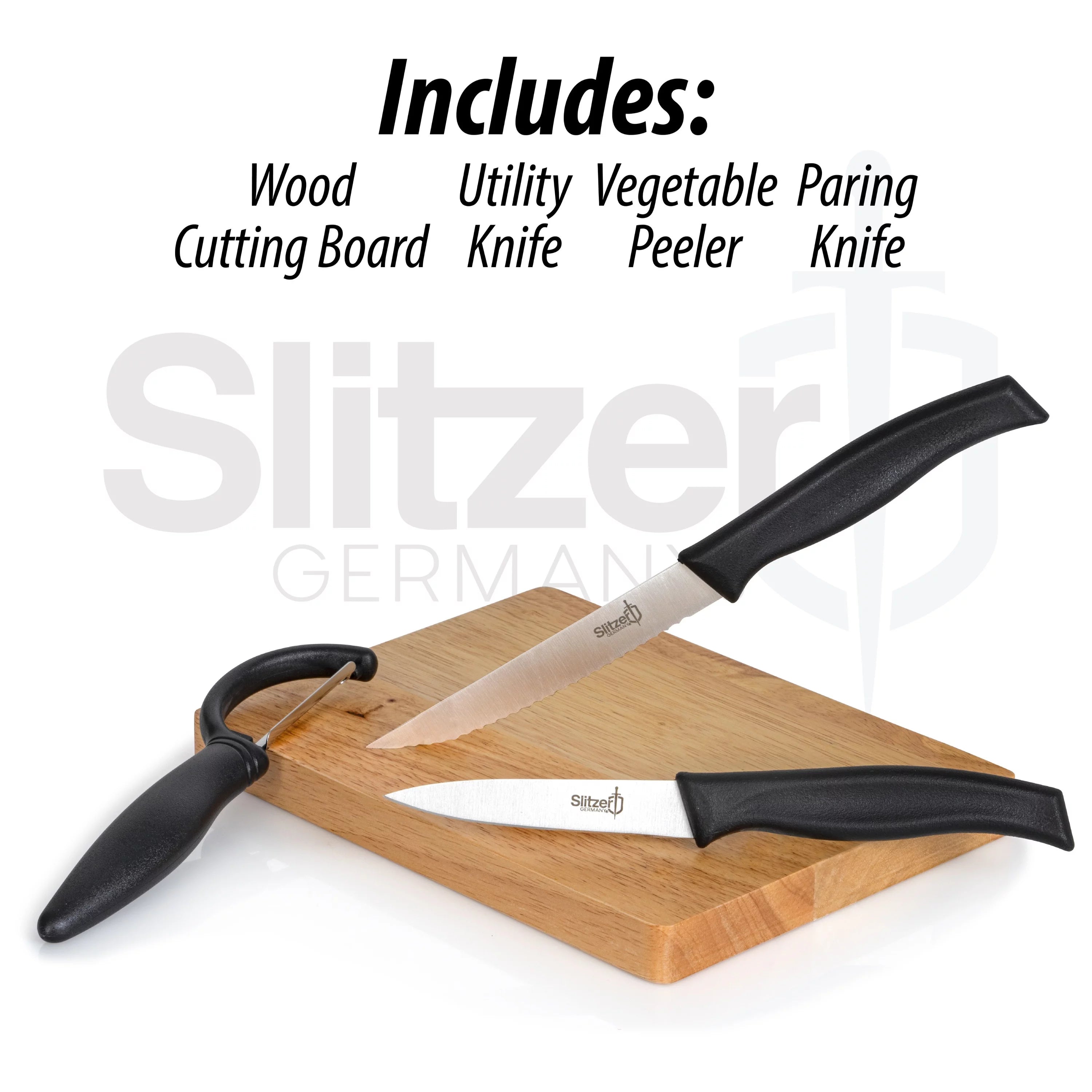 Cutting Board And Knife Set - German Stainless Steel Paring Knife, Utility Knife, Vegetable Peeler, Wooden Chopping Board X153206
