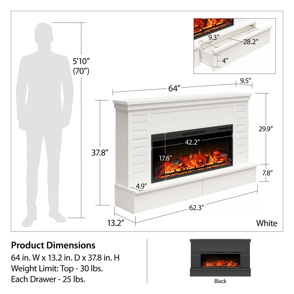 White Wide Shiplap Mantel with Linear Electric Fireplace and Storage Drawers W63512