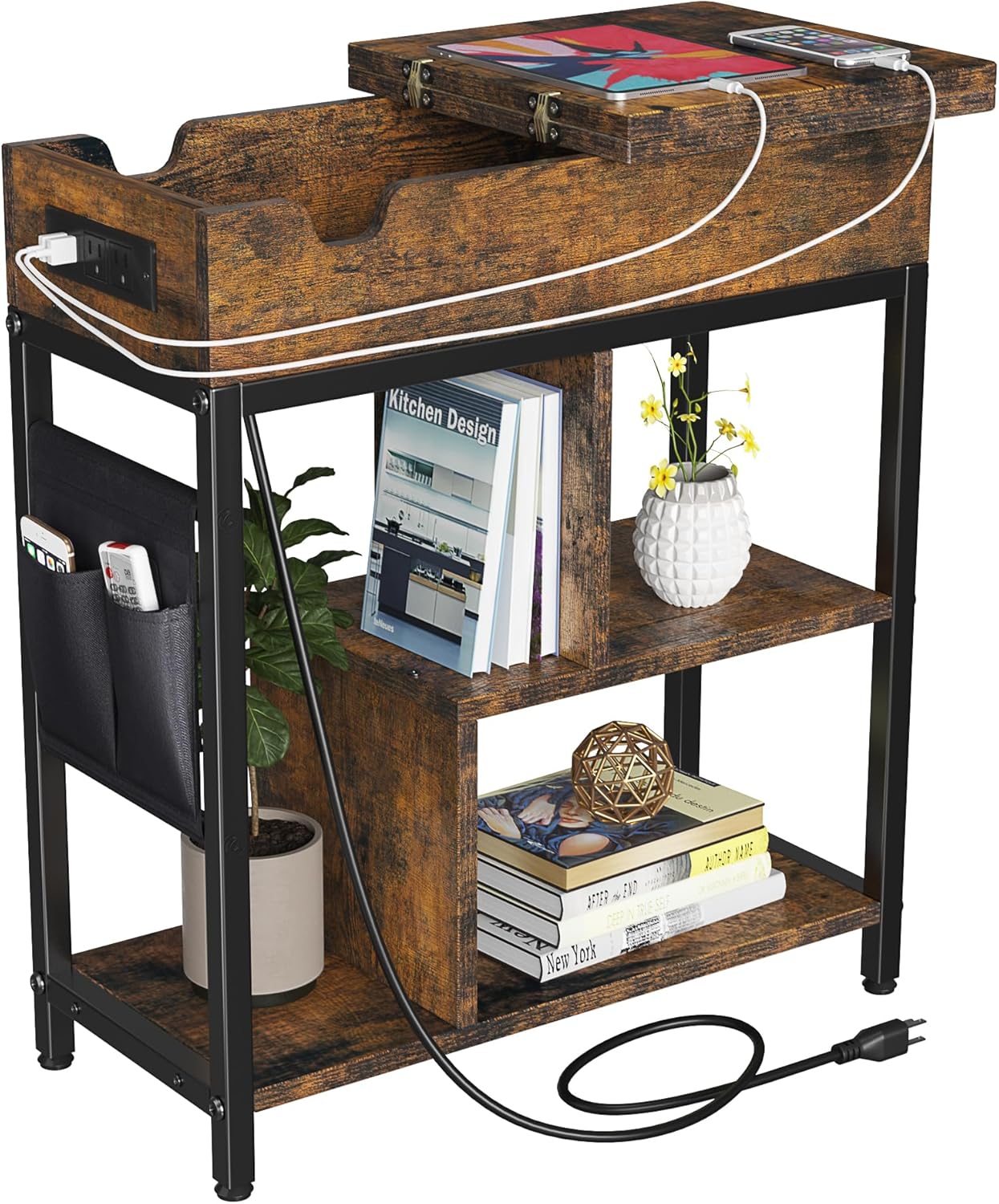 Side Table with Charging Station, Flip Top End Table with USB Ports and Outlets G71901