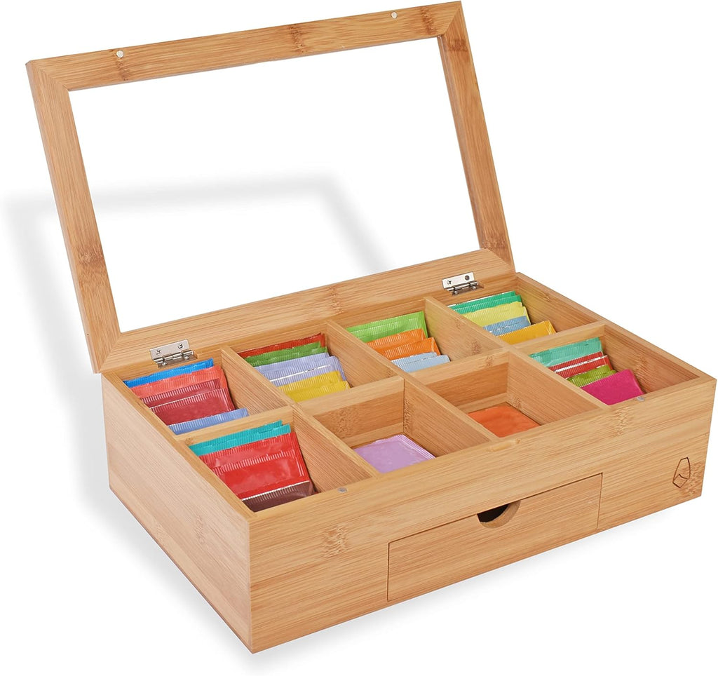 Bamboo Wood Tea Bag Storage Organizer with 8 Compartments and Drawer Q895689