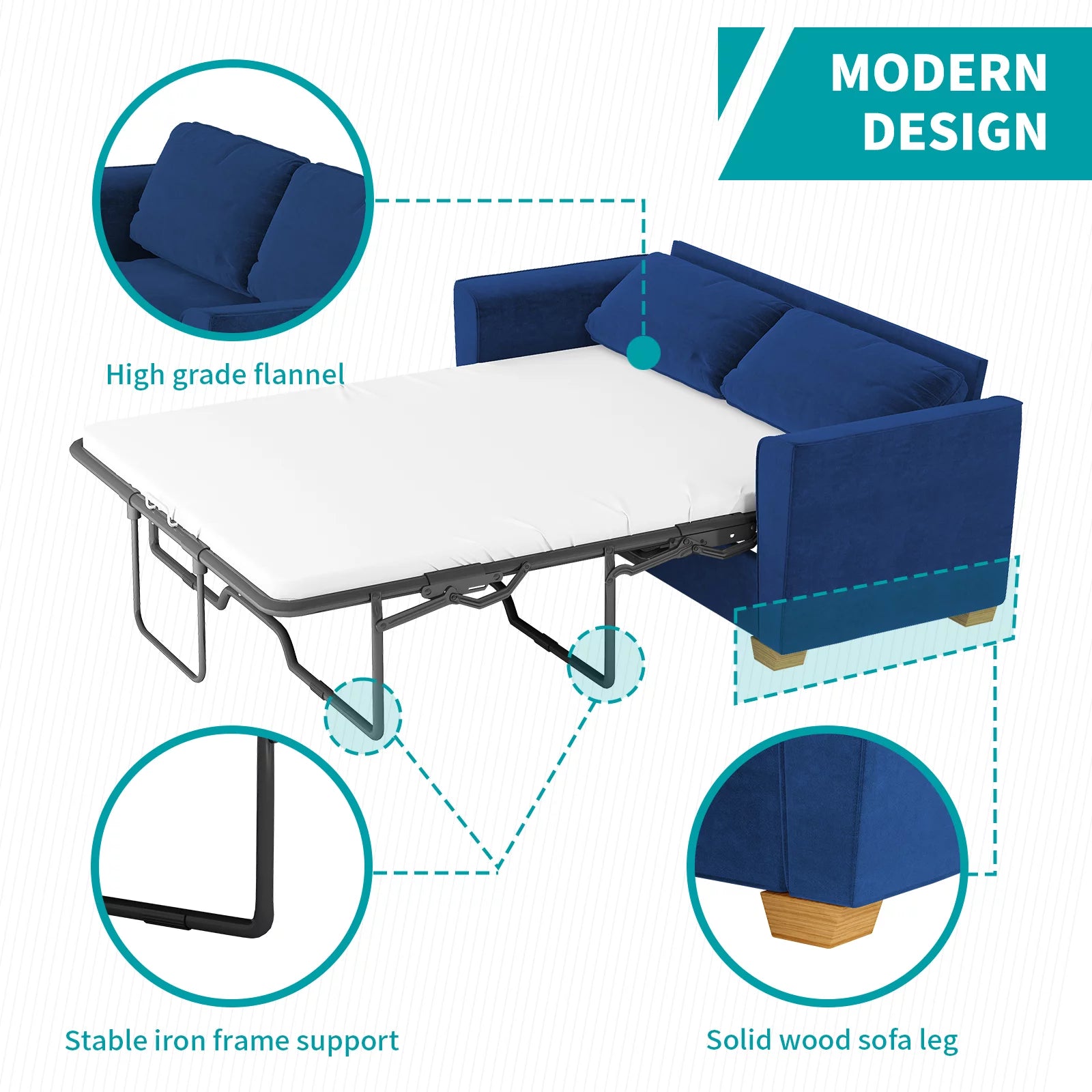 Blue Velvet Pull Out Sofa Bed with Foam Mattress W34503