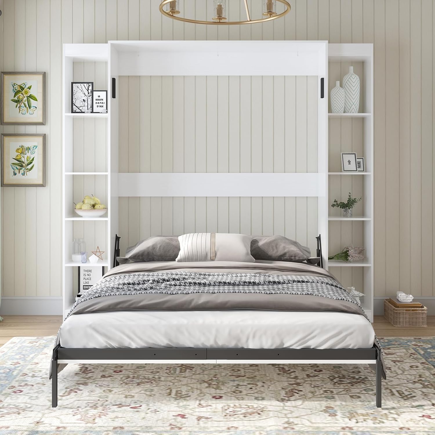 White Murphy Bed with Wardrobe, 2 Side Cabinet P665