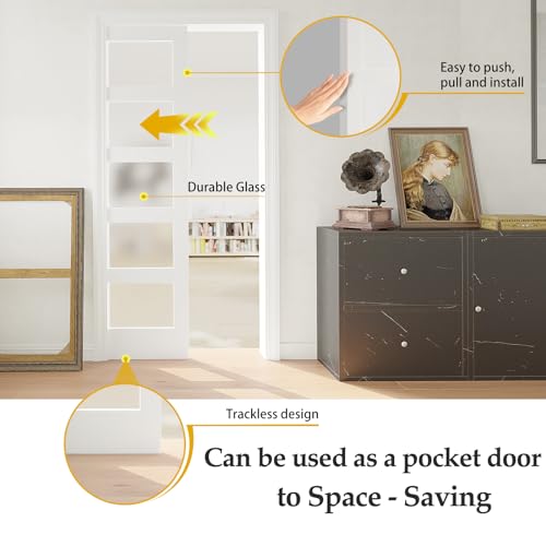 White Primed Double Sliding Pocket Door 60" x 80" with 5 Lites Tempered Frosted Glass Panels Y427411