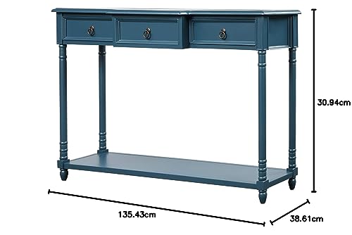 Antique Navy Narrow Console Sofa Table with Drawers and Long Shelf N19713