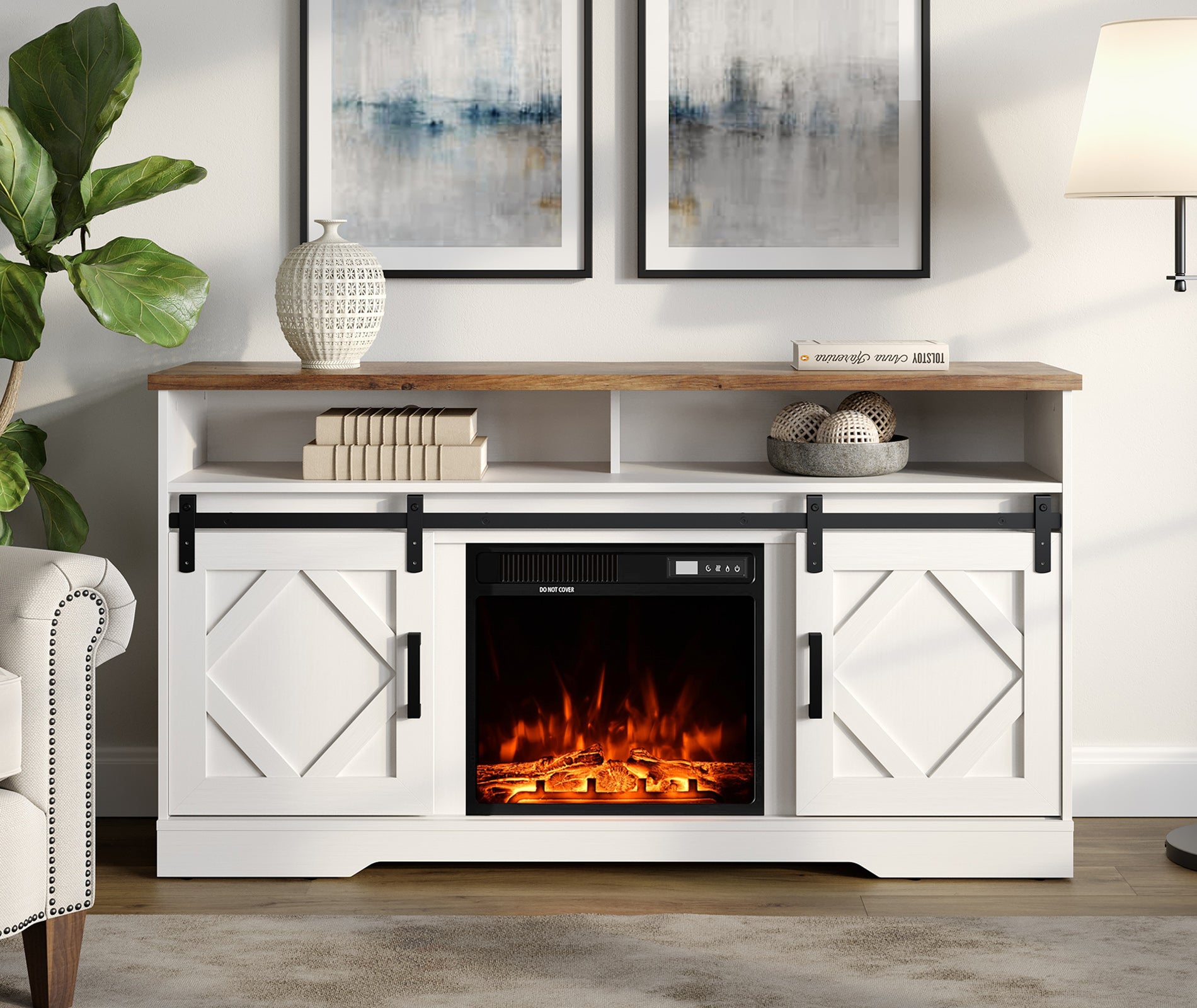 White Wood Electric Fireplace TV Stand W51585