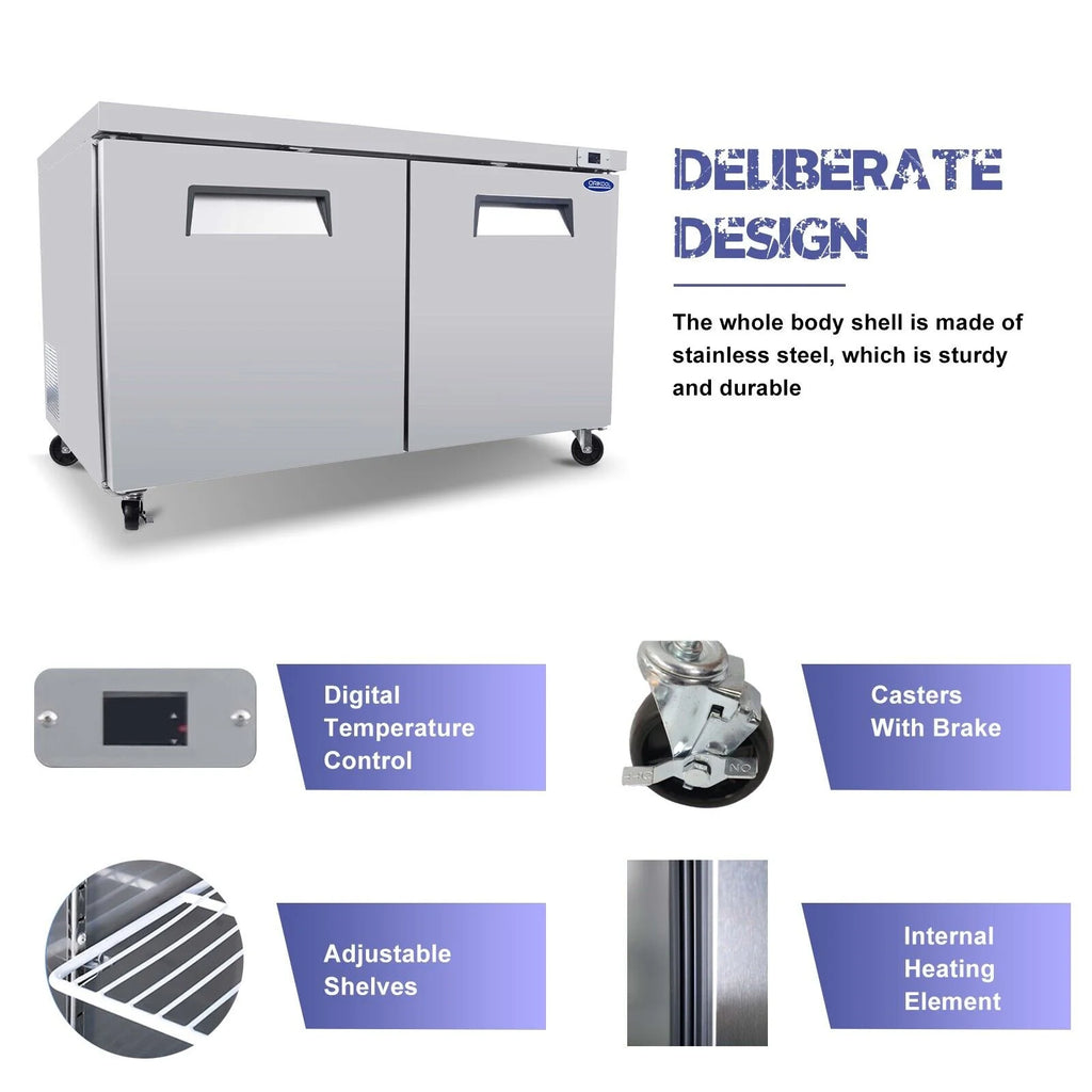 60" 2-Door Commercial Stainless Steel Undercounter Work Top Refrigerator 18Cu.Ft I847899