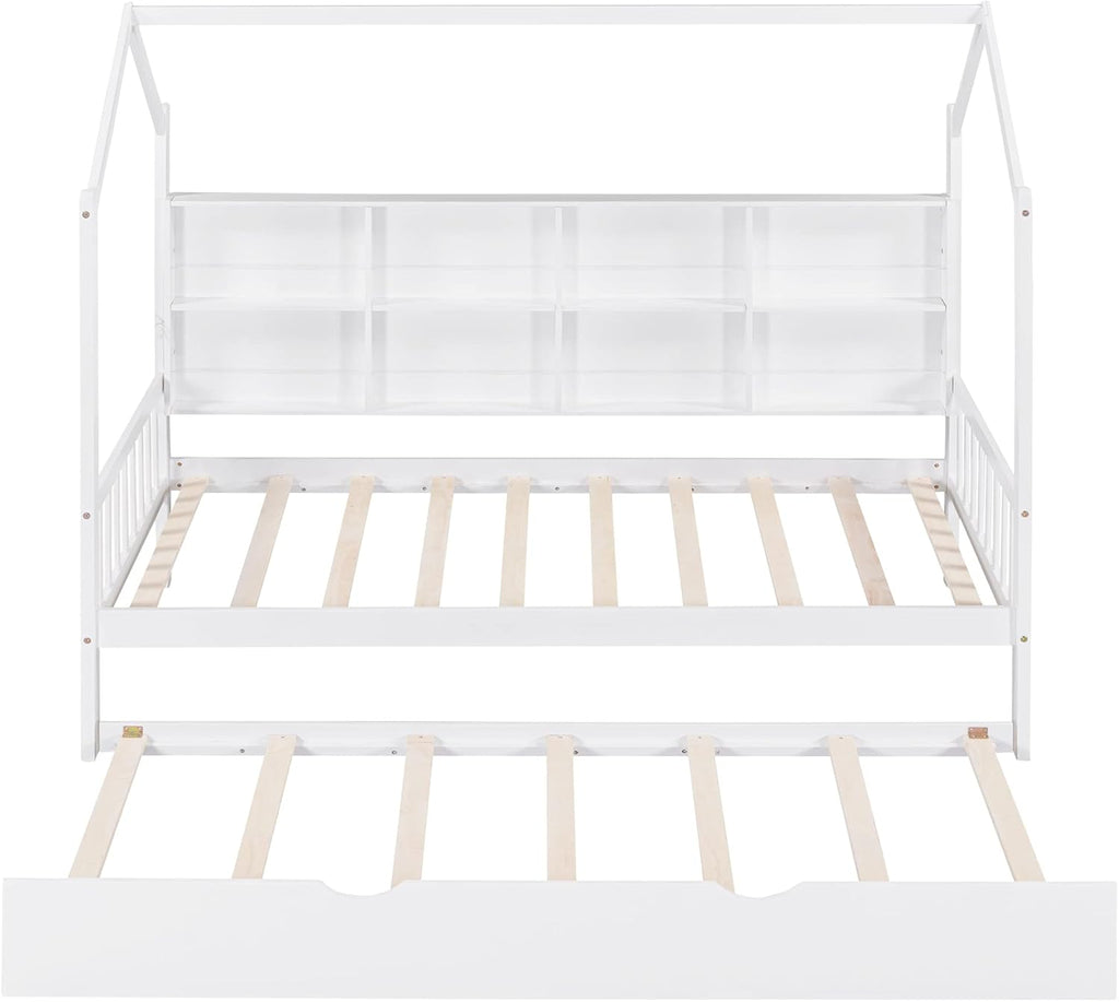 White Twin Size Wooden Platform Bed with Trundle and Storage Shelf E97842