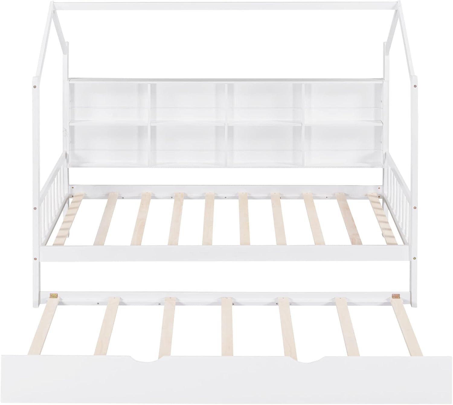 White Twin Size Wooden Platform Bed with Trundle and Storage Shelf E97842