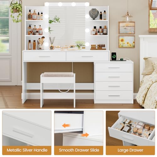 White Large Vanity Desk with LED Lighted Mirror & Power Outlet, 7 Drawers, 4 Shelves and 5 Hooks J830