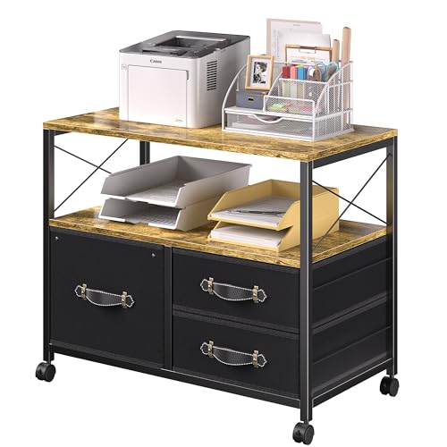 Black 3 Drawer Rolling Printer Stand with Fabric Storage Shelf V921