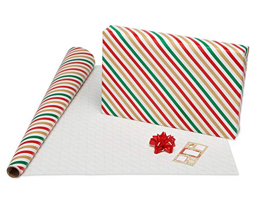 Christmas Wrapping Paper Set, Red and Tan Brown, 120 sq. ft., 4 rolls, 30 in. x 12 ft., 7 Adhesive Bows, 30 Gift Tag Stickers, Plaid, Stripes, and Snowmen X461