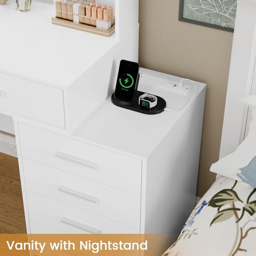 White Large Vanity Desk with LED Lighted Mirror & Power Outlet, 7 Drawers, 4 Shelves and 5 Hooks J830