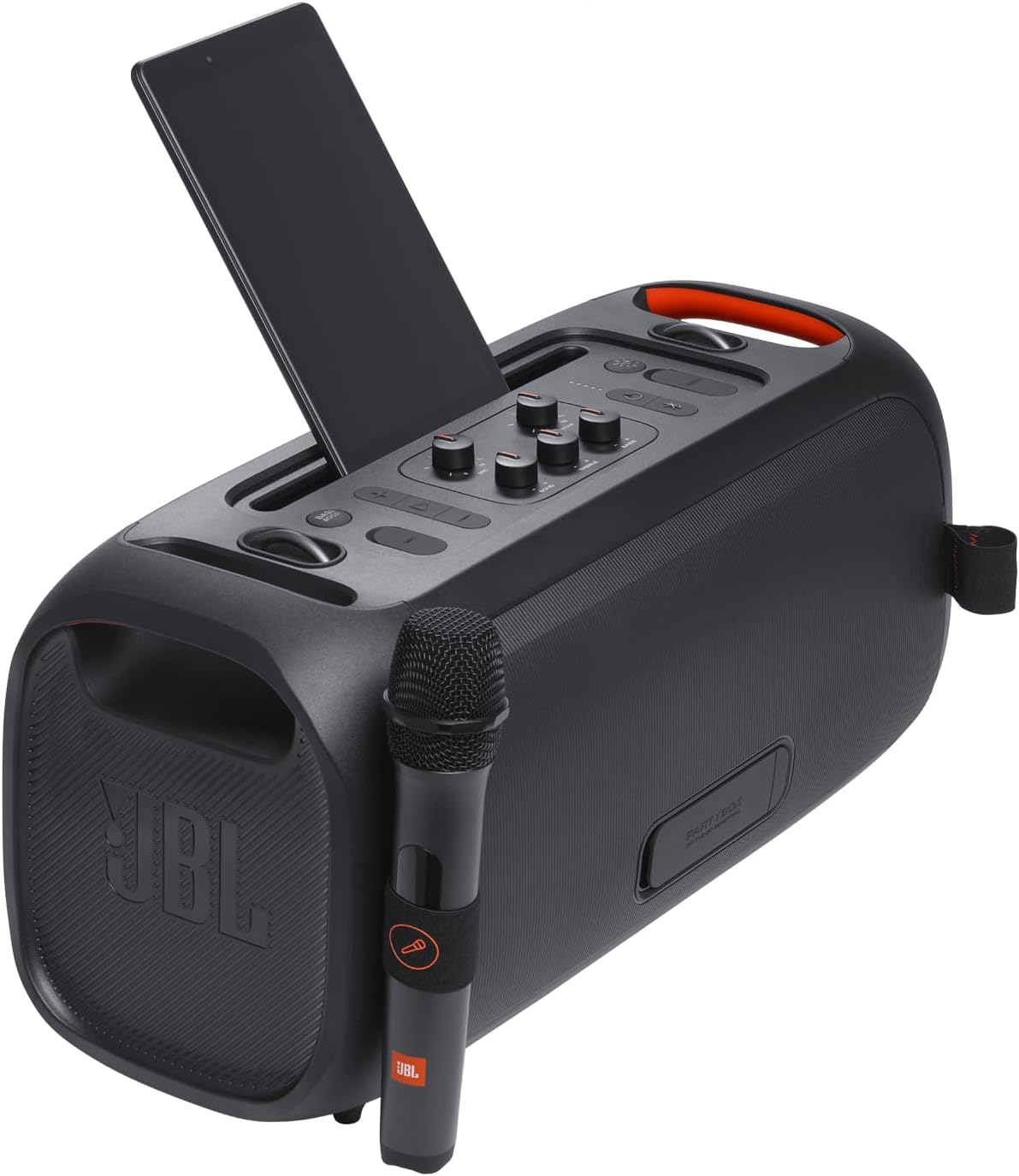 Portable party speaker with built-in lights and wireless mic, IPX4 splashproof protection, 6 hours of playtime, shoulder strap V5666